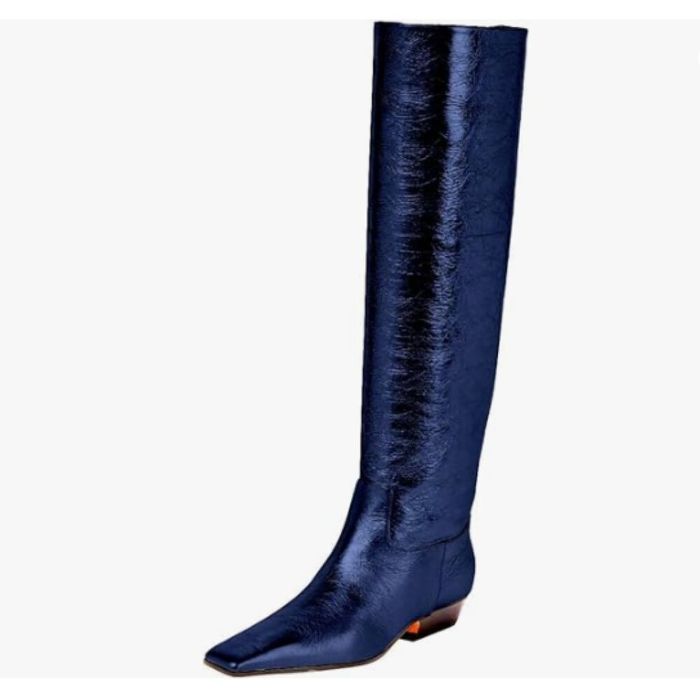 Blue Square Toe Knee High Boot Wide Calf Low Chunky Heels Party Long Boot